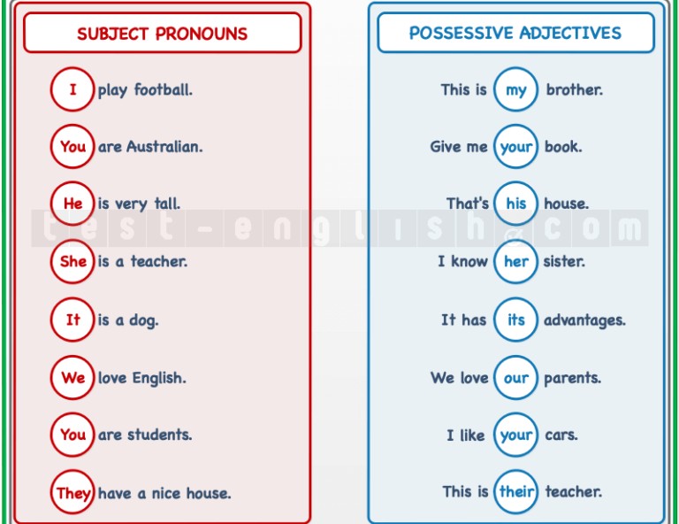 Subject Pronouns and Possessive Adjectives Chart: I/my, you/your, he/his, she/her, it/its, we/our, they/their