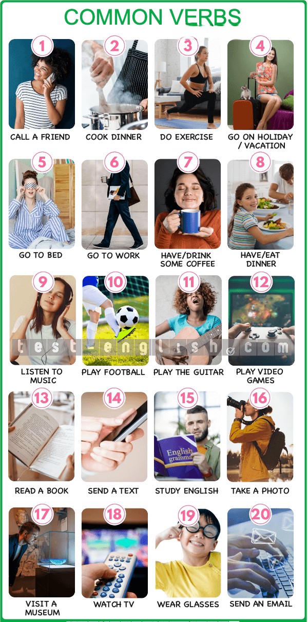 Infographic of 20 common verbs and activities like 'call a friend' and 'cook dinner' for A1 English vocabulary