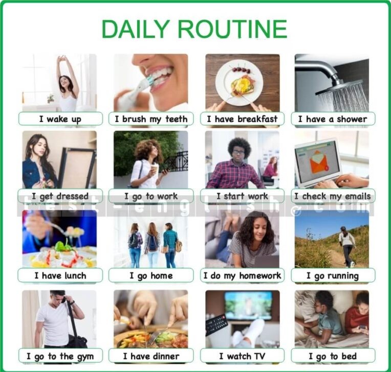 Daily routine vocabulary chart with 16 photos showing actions like waking up, brushing teeth, etc.