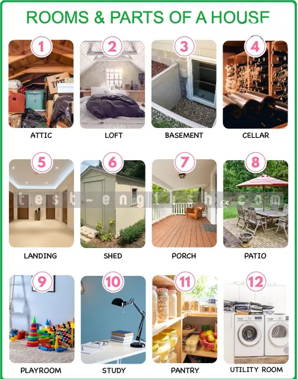 Rooms and parts of a house: attic, loft, basement, cellar, landing, shed, porch, patio, playroom, study, pantry, utility room