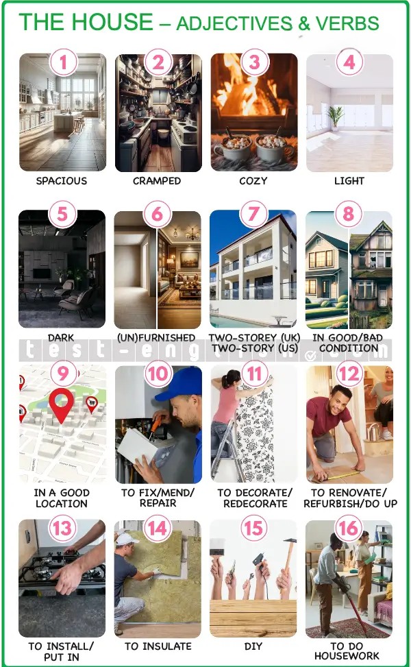 Infographic showing spacious room, cramped kitchen, cozy living room, light bedroom, dark basement, furnished/unfurnished apartment, two-story house, house in good/bad condition, good location