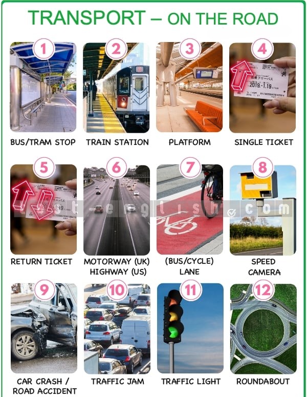 Modes of transport: train, bus, tram, subway, ferry, van, truck