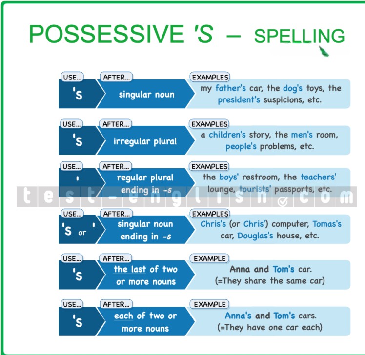 Grammar chart showing rules and examples for using possessive ’s forms in English grammar.