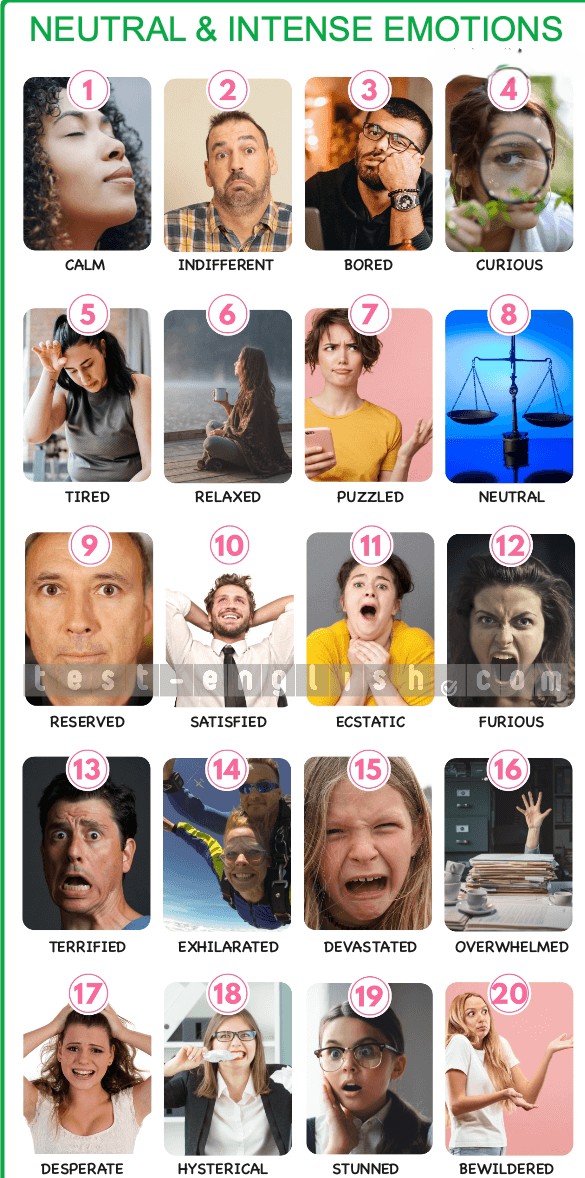Infographic of neutral and intense emotions: calm, indifferent, ecstatic, terrified, overwhelmed