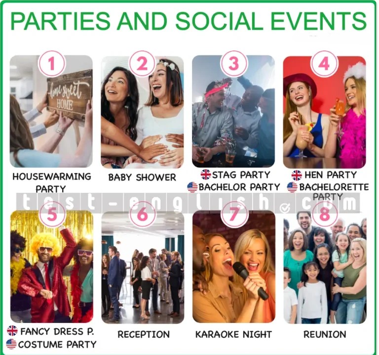 Infographic of social events: housewarming, baby shower, stag/hen party, fancy dress, reception, karaoke night, reunion