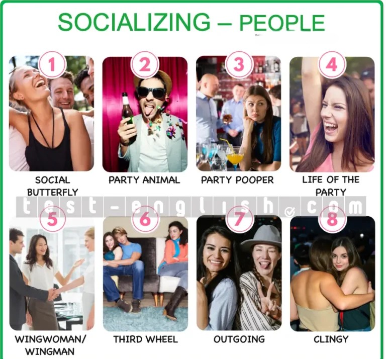 Infographic of social personalities: social butterfly, party animal, party pooper, life of the party, wingman, third wheel, outgoing, clingy