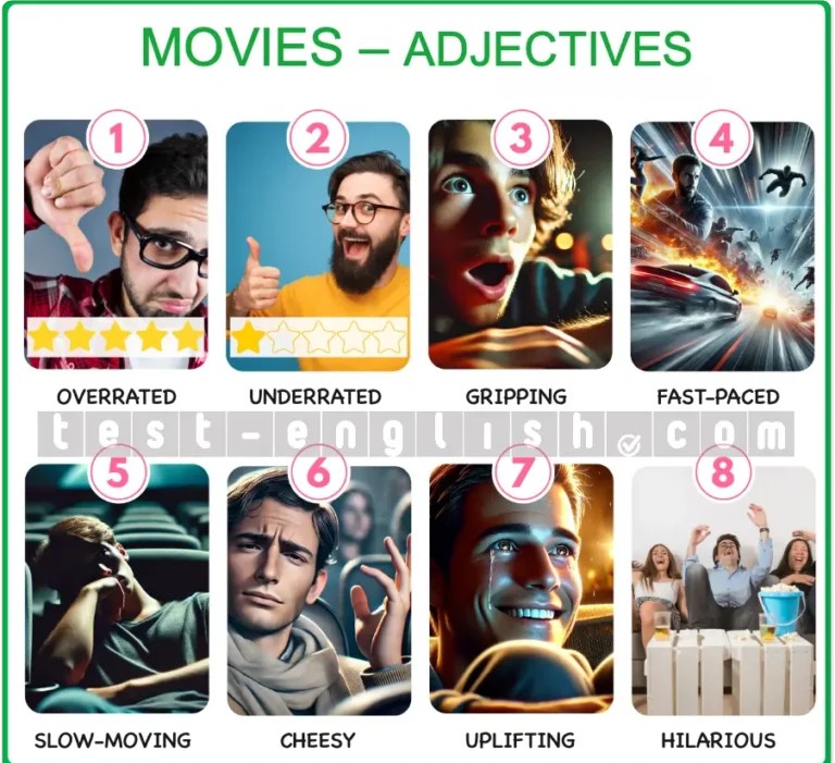 Infographic of movie adjectives: overrated, underrated, gripping, fast-paced, slow-moving, cheesy, uplifting, hilarious