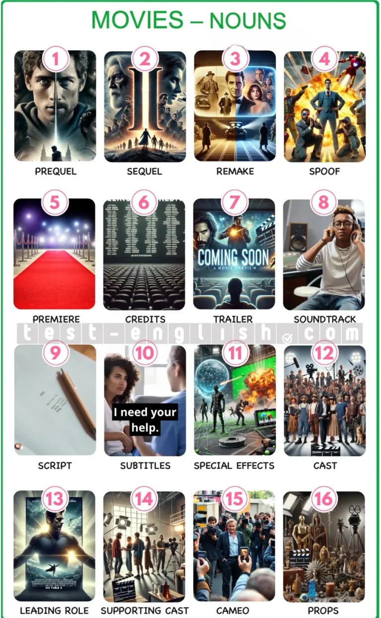Infographic of movie nouns: prequel, sequel, remake, spoof, premiere, trailer, credits, soundtrack, script, subtitles, special effects, cast, leading role, supporting cast, cameo, props