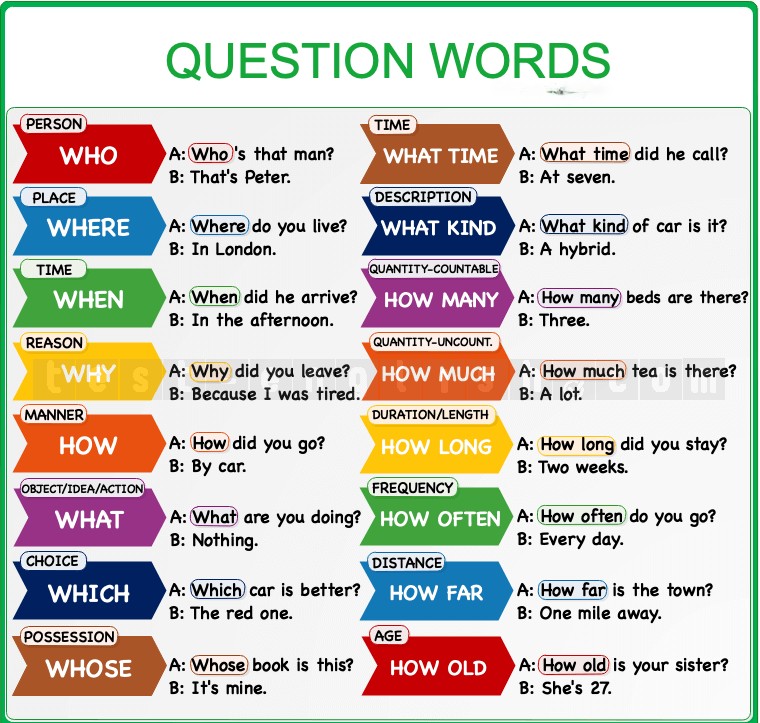 Colorful educational chart of question words in English, categorized by their use such as 'WHO' for person, 'WHERE' for place, and 'HOW OLD' for age, with example dialogues for each word