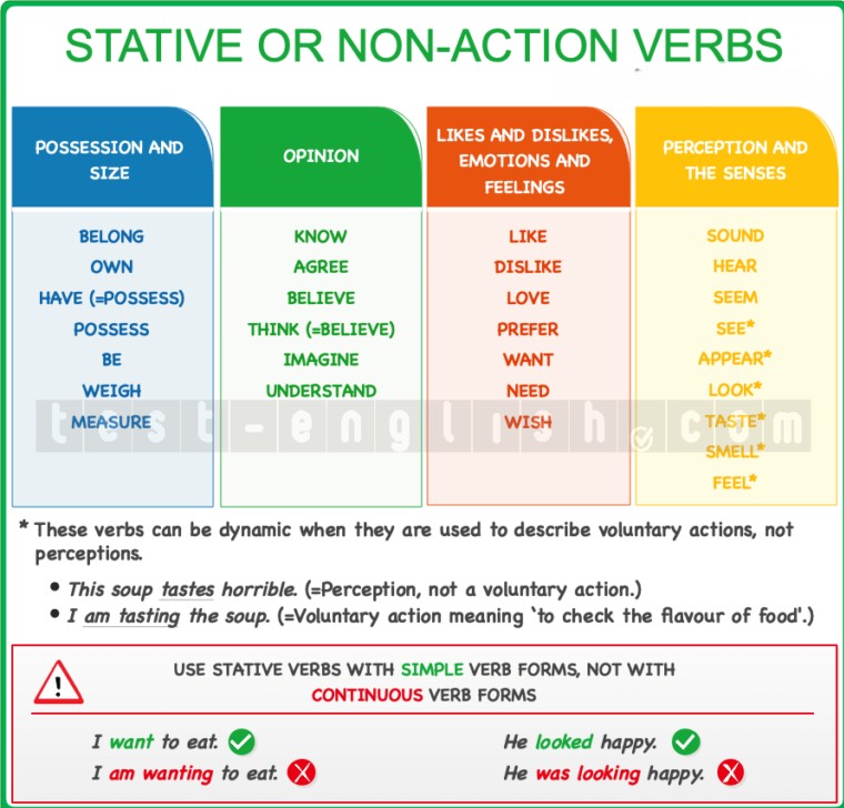 Color-coded chart explaining stative (non-action) vs dynamic (action) verbs, with examples like 'know', 'belong', 'want', 'eat', 'play', 'think', 'have'. Shows when to use simple vs continuous tenses.