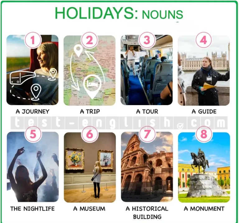 Illustrated chart showing 8 holiday-related nouns: journey, trip, tour, guide, nightlife, museum, historical building, monument