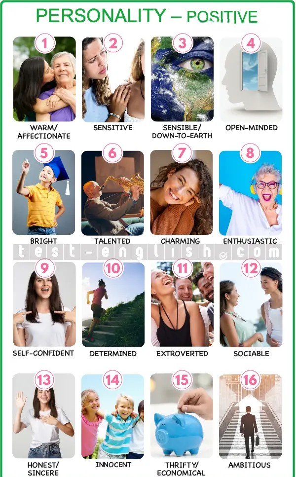 Infographic showing 16 positive personality traits: warm, sensitive, sensible, open-minded, bright, talented, charming, enthusiastic, self-confident, determined, extroverted, sociable, honest, innocent, thrifty, ambitious