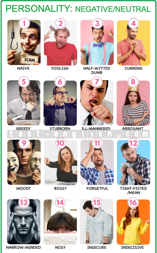 Chart showing 16 negative/neutral traits: naive, foolish, half-witted, cunning, greedy, stubborn, ill-mannered, arrogant, moody, bossy, forgetful, tight-fisted, narrow-minded, nosy, insecure, indecisive