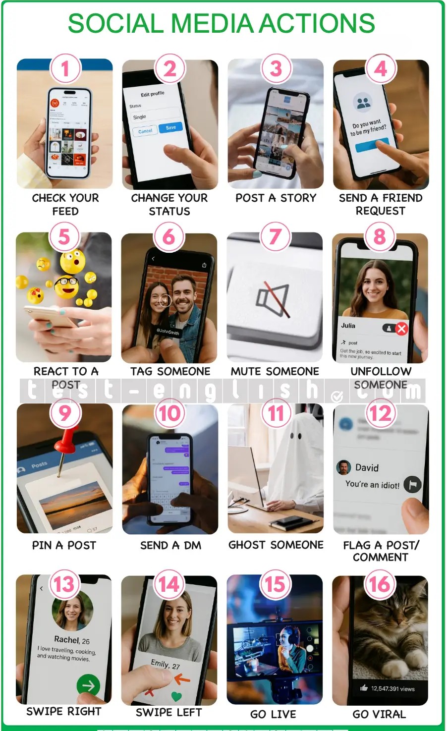 English vocabulary chart showing 16 illustrated social media actions: check your feed, change your status, post a story, send a friend request, react to a post, tag someone, mute someone, unfollow someone, pin a post, send a DM, ghost someone, flag a post, swipe right, swipe left, go live, go viral