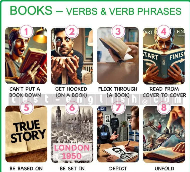 B1+ English vocabulary chart for describing books with verbs and verb phrases: can't put a book down, get hooked on a book, flick through a book, read from cover to cover, be based on, be set in, depict, unfold