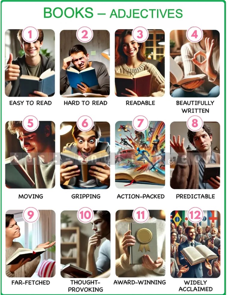B1+ English vocabulary chart for describing books, featuring 12 adjectives with corresponding images: easy to read, hard to read, readable, beautifully written, moving, gripping, action-packed, predictable, far-fetched, thought-provoking, award-winning, widely acclaimed