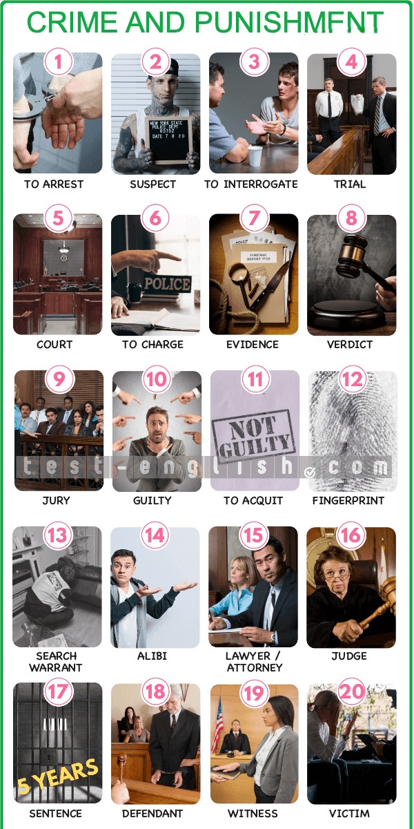 Crime and punishment vocabulary: arrest, suspect, trial, court, evidence, verdict, jury, guilty, acquitted, fingerprint, search warrant, alibi, lawyer, judge, sentence, defendant, witness, victim