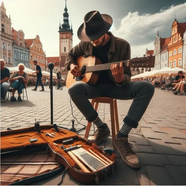 Street musician playing guitar in a busy square with a clock tower and people watching